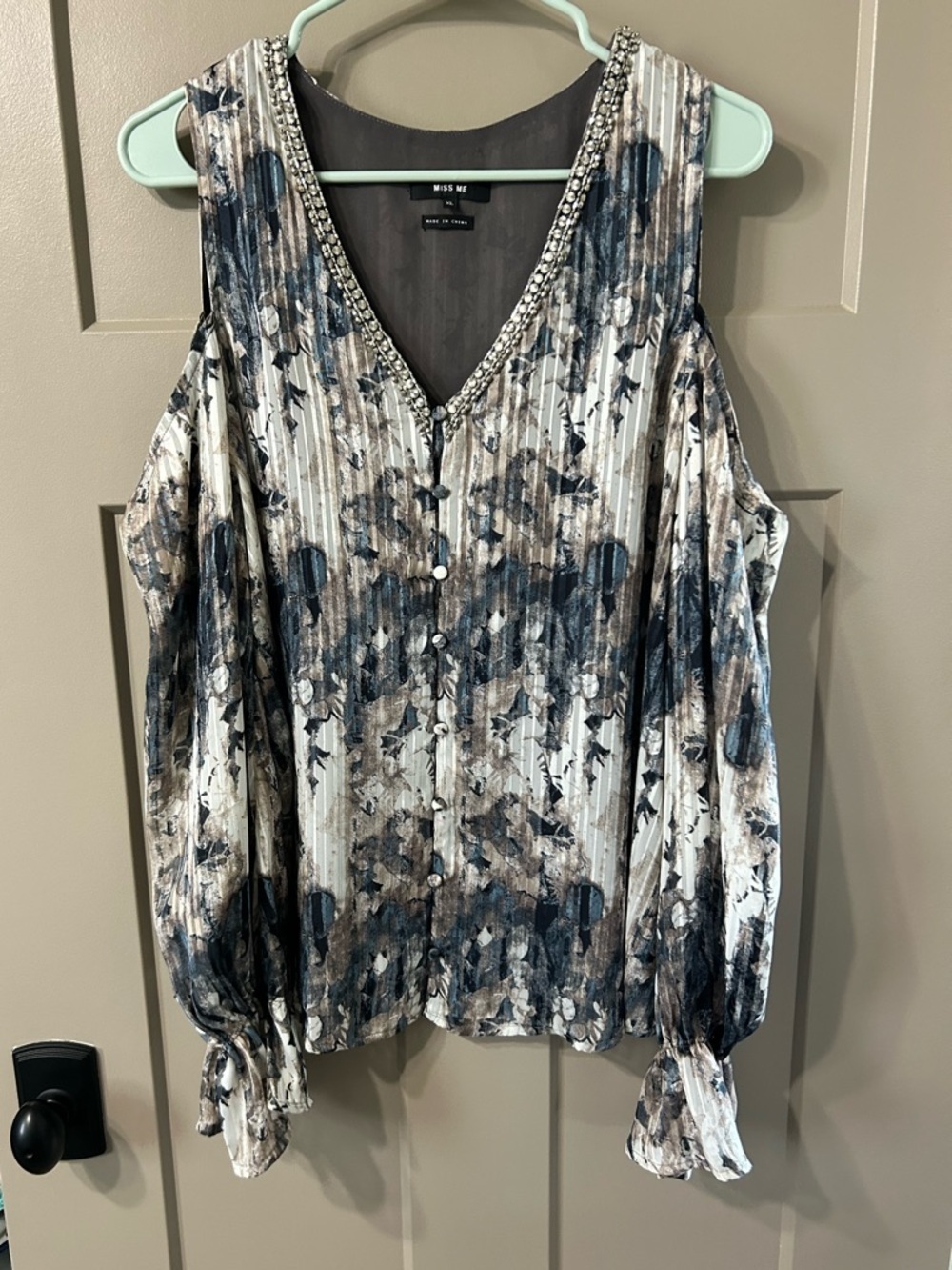 Miss Me Beaded V-Neck Cold-Shoulder Blouse in Blue and Cream Ruffle sleeves